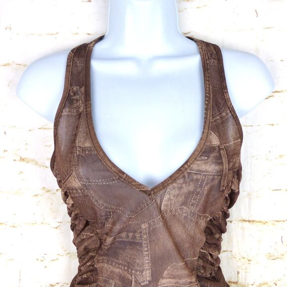 Y2K Bodysuit Women M Brown Jean Pocket Trompe Loeil Mesh Sheer Ruched V-neck VTG - Picture 4 of 15